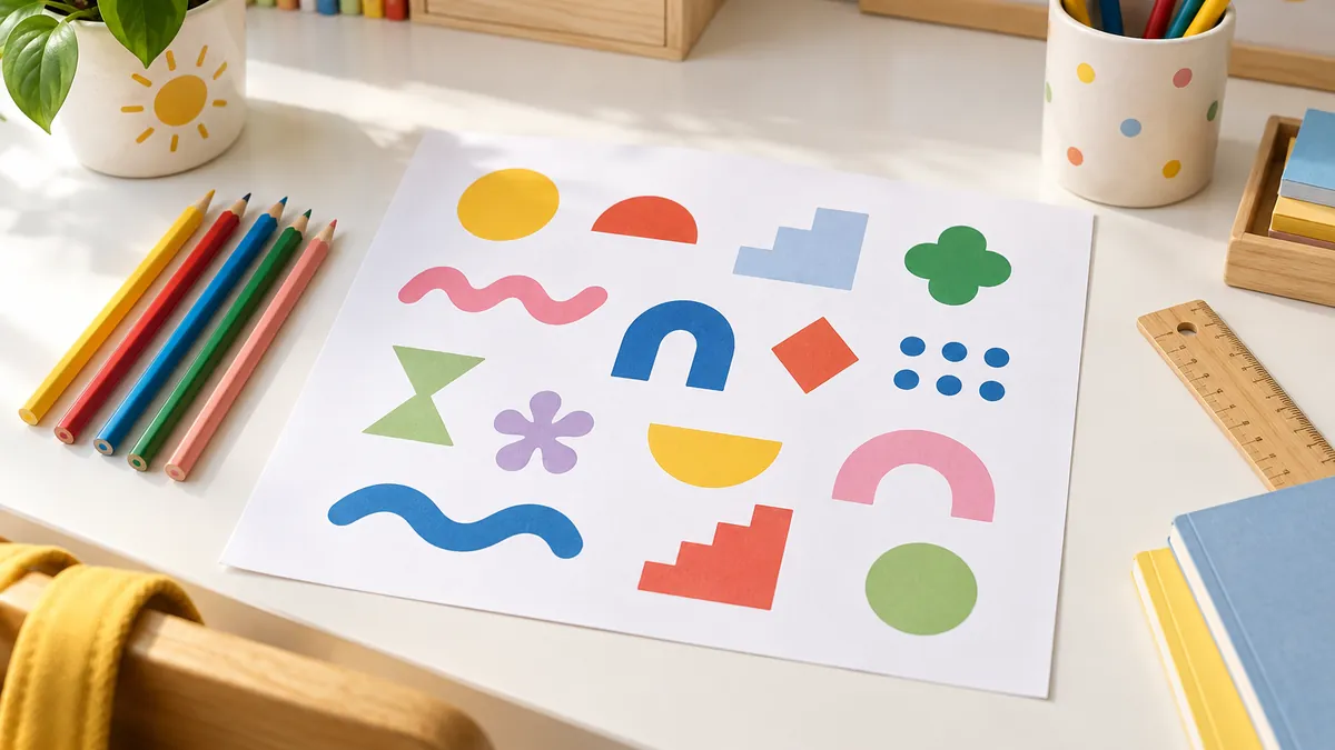 Material de abecedario imprimible sobre una mesa de aprendizaje con lápices de colores y hojas A4