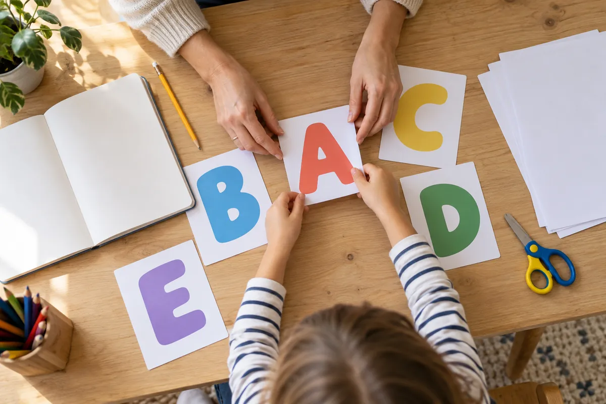 Manos de una persona adulta y un niño ordenando tarjetas de letras sobre una mesa de aprendizaje