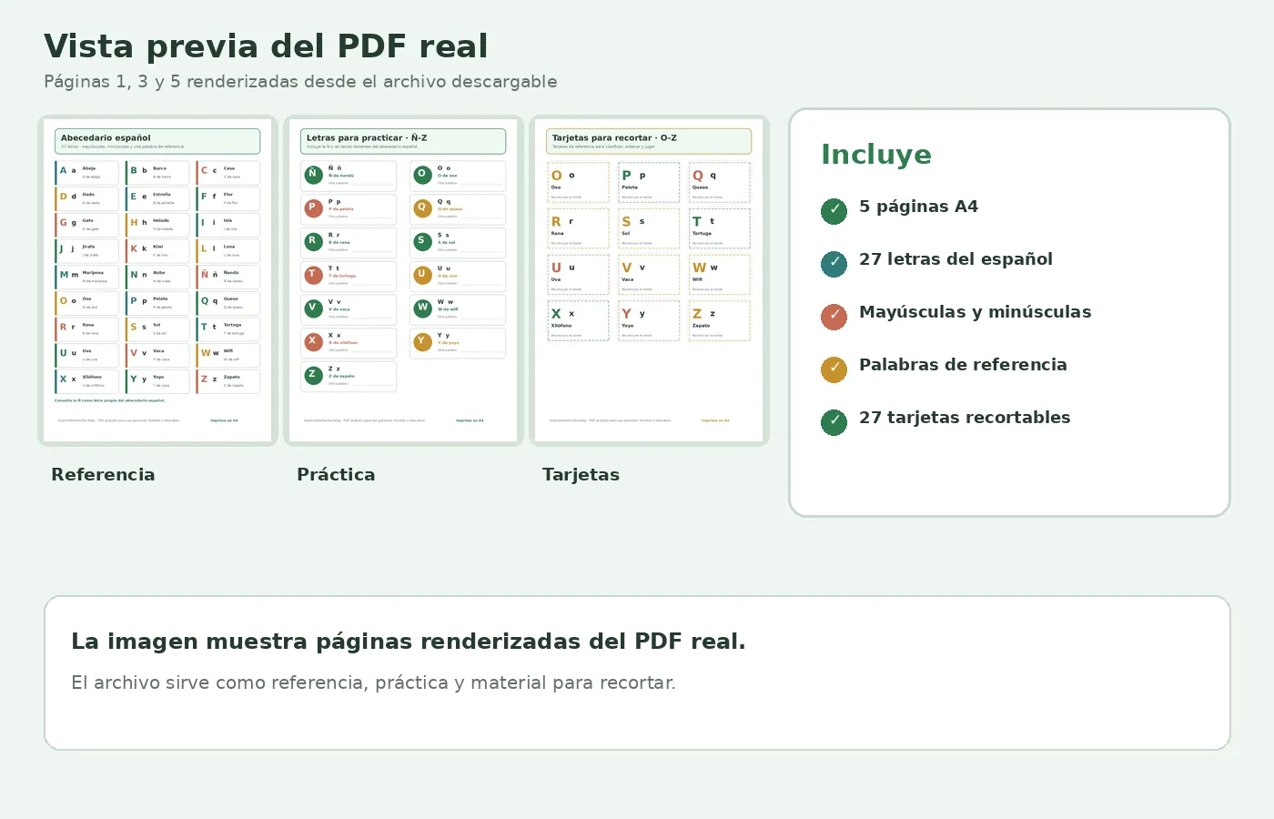 Vista previa real de las páginas de referencia, práctica y tarjetas del PDF del abecedario