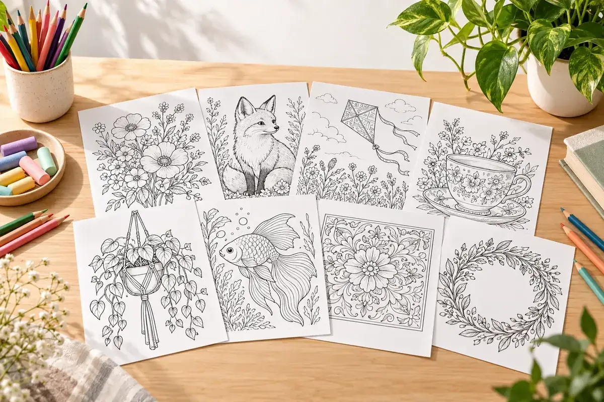 Mesa luminosa con ocho láminas de dibujos bonitos para colorear y lápices de colores