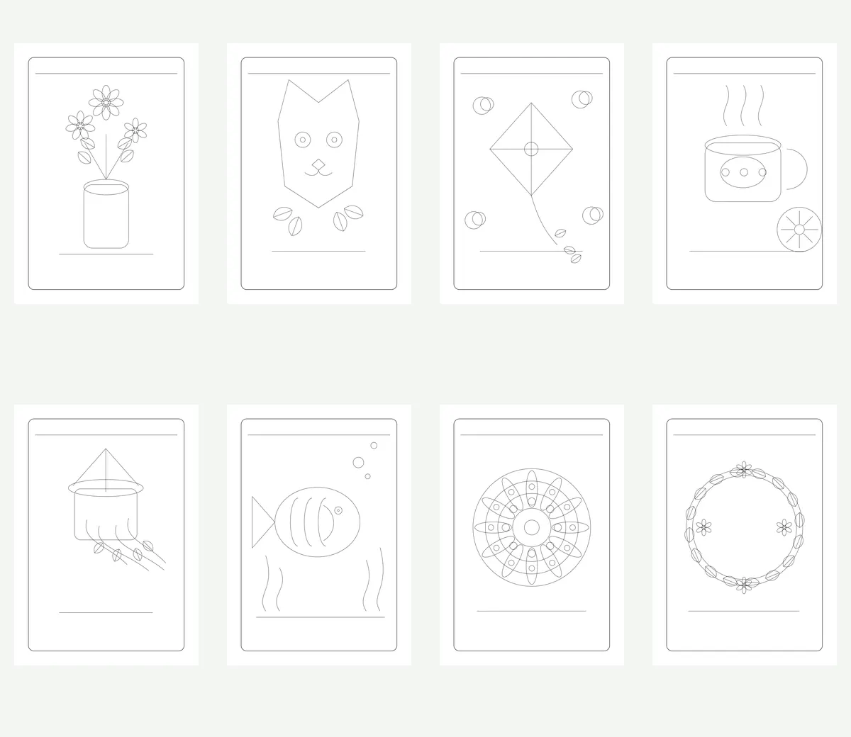 Vista previa real de las ocho páginas A4 del PDF de dibujos bonitos para colorear