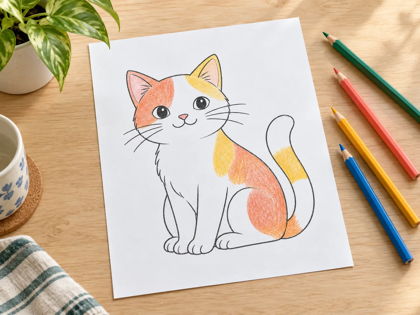 Escena ilustrativa de una lámina de un gato que se colorea a mano con lápices sobre una mesa