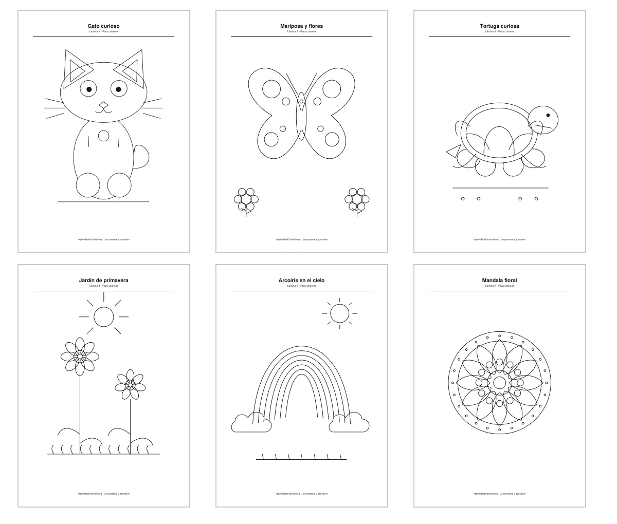 Vista previa real de las seis páginas A4 del PDF con el gato, la mariposa, la tortuga, el jardín, el arcoíris y el mandala floral