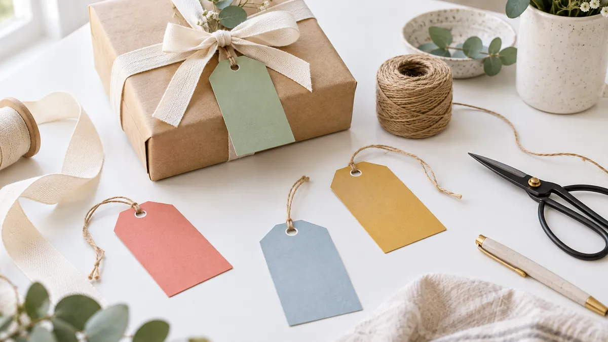 Regalo envuelto con etiquetas de papel de colores, cinta y cordel sobre una mesa clara