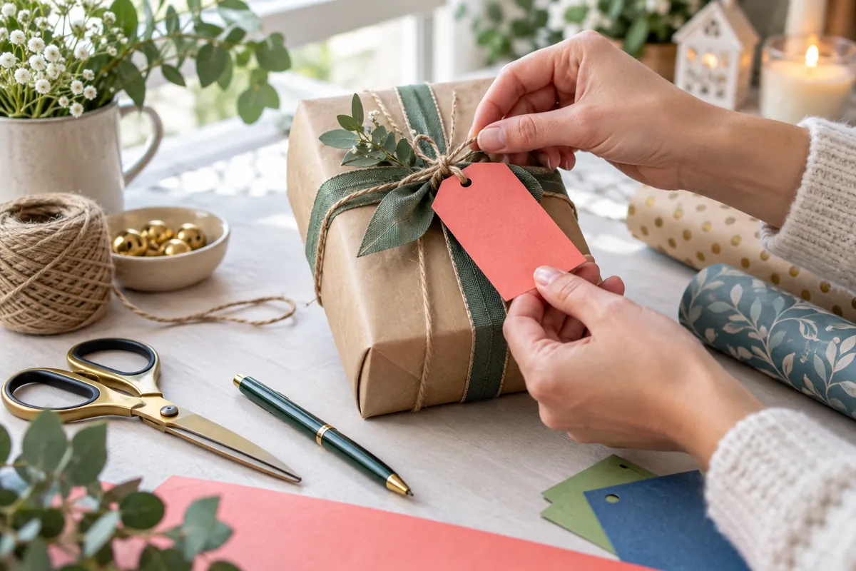 Persona colocando una etiqueta de regalo en un paquete envuelto con cinta y cordel
