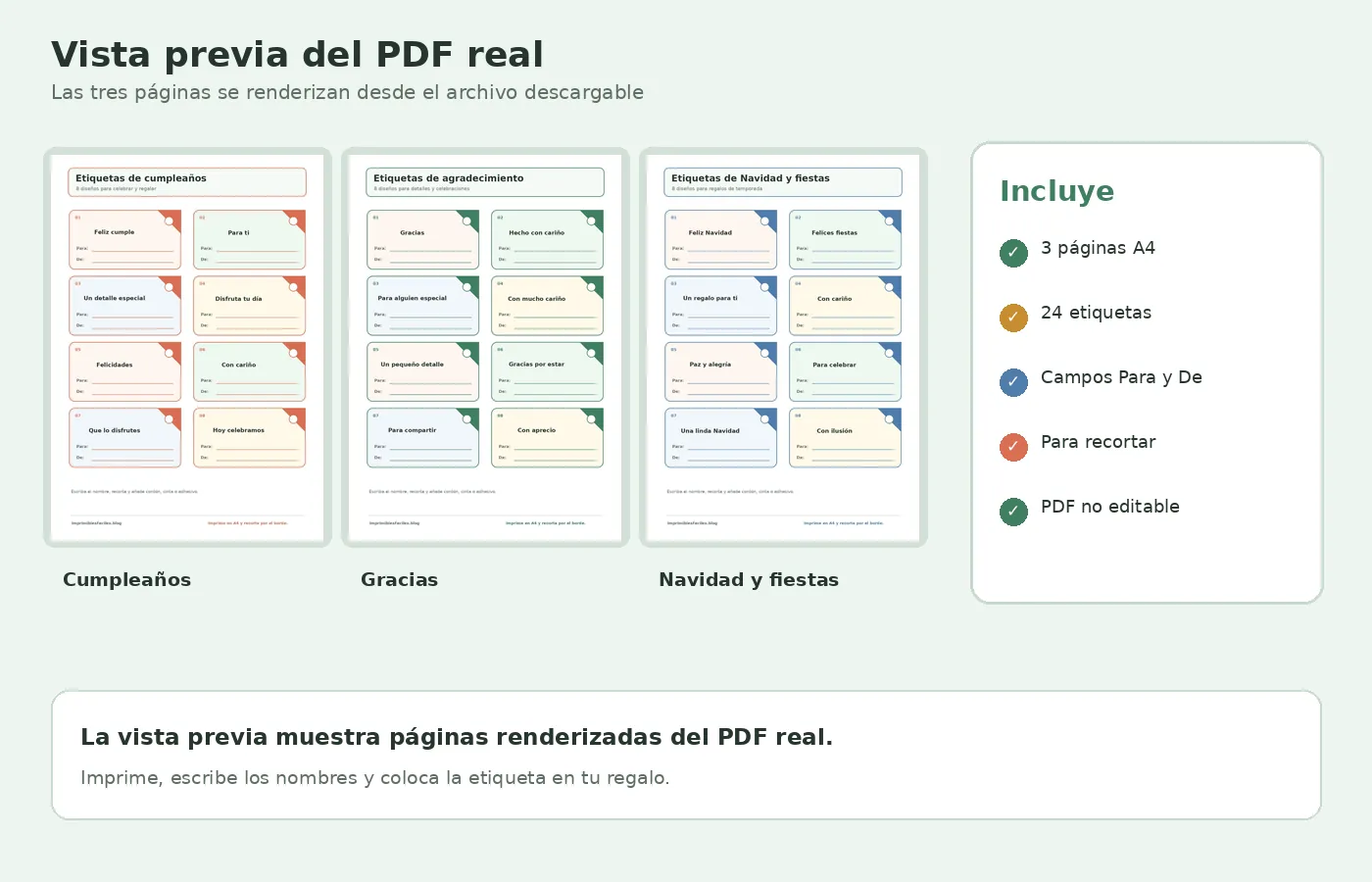 Vista previa real de las tres páginas del PDF de etiquetas de regalo para imprimir
