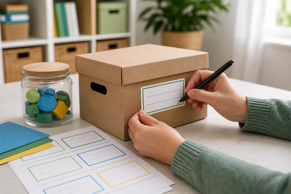 Persona escribiendo una etiqueta en una caja mientras tiene hojas imprimibles sobre la mesa
