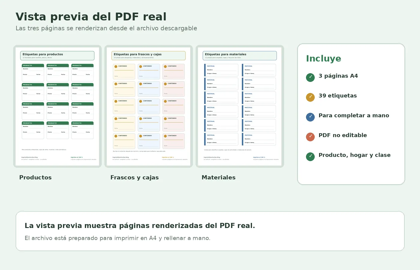 Vista previa real de las tres páginas del PDF de etiquetas para imprimir