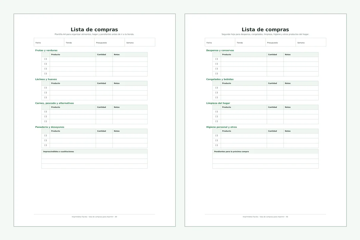 Vista previa real de las dos páginas A4 del PDF de lista de compras