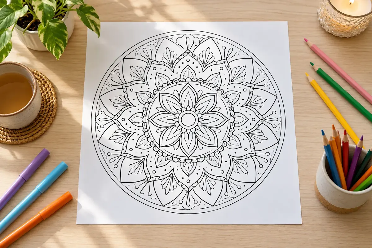 Mandalas en blanco y negro sobre una mesa con lápices de colores listos para colorear