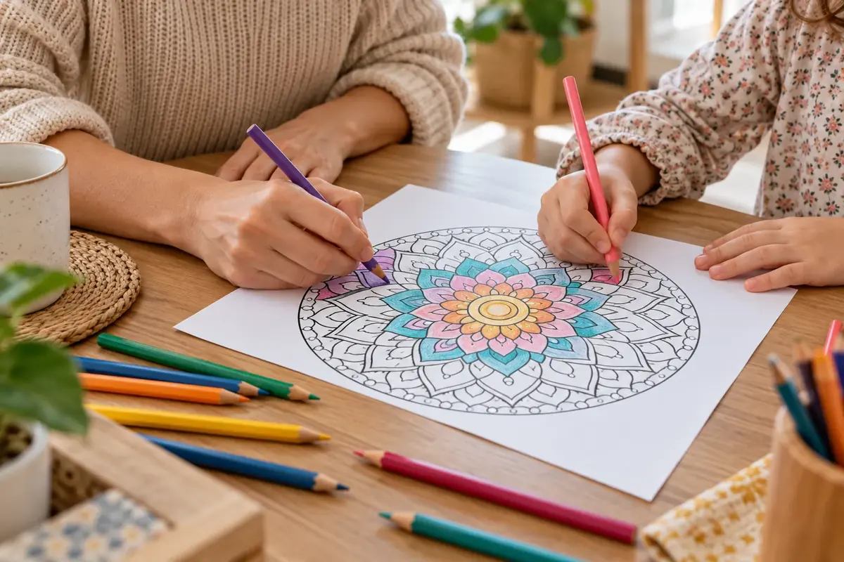 Persona adulta y niña coloreando un mandala impreso con lápices de colores