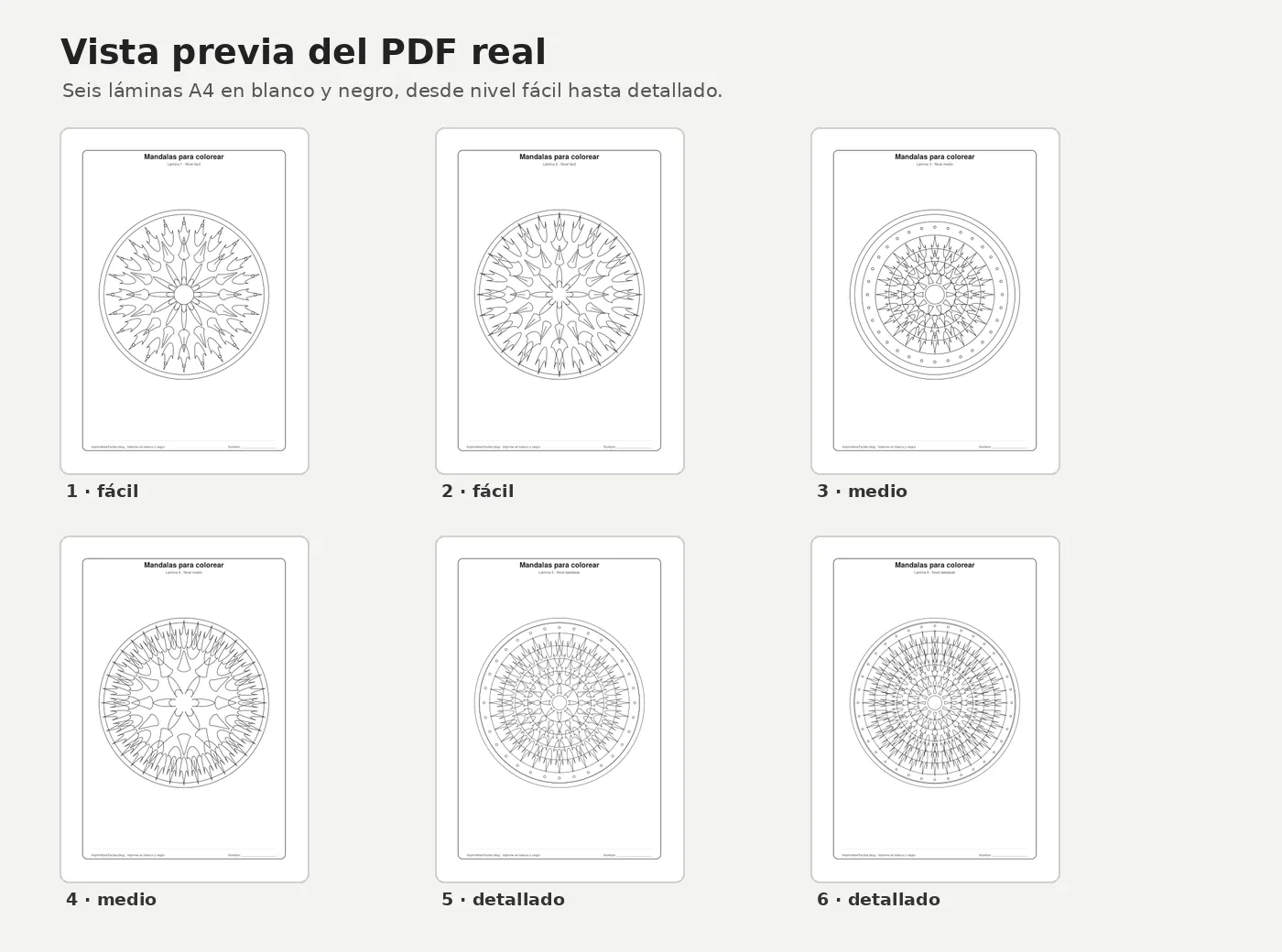 Vista previa real de las seis páginas A4 del PDF de mandalas para colorear