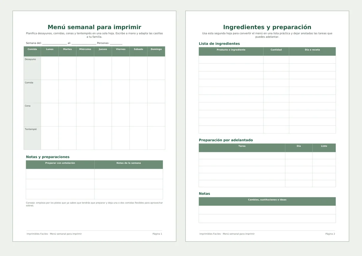 Vista previa real de las dos páginas A4 del PDF de menú semanal