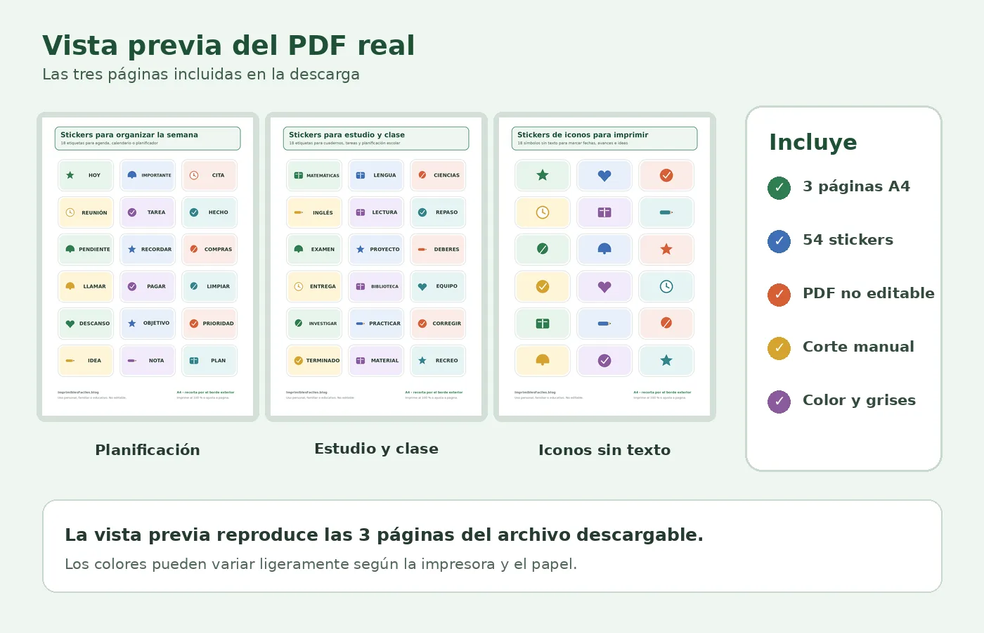 Vista previa real de las tres páginas A4 con 54 stickers incluidos en el PDF
