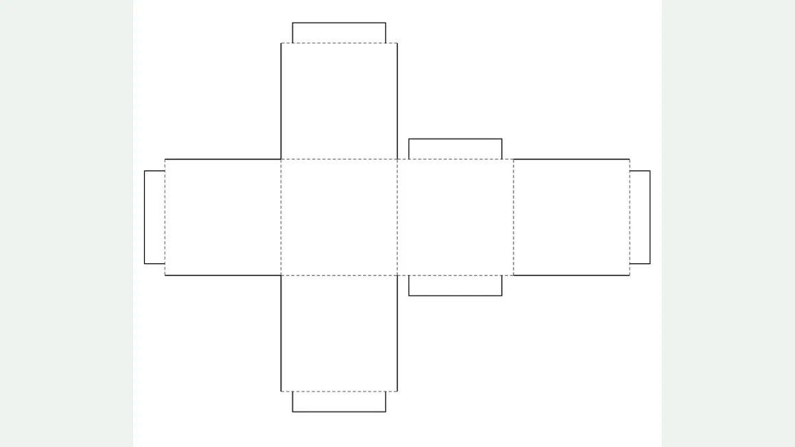 Desarrollo plano del cubo con seis caras cuadradas y pestañas para pegar, renderizado desde el PDF descargable