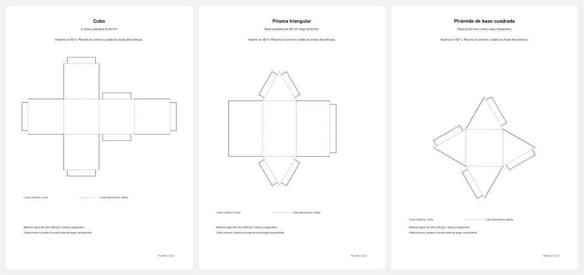 Vista previa real de las tres páginas A4 del PDF: cubo, prisma triangular y pirámide de base cuadrada