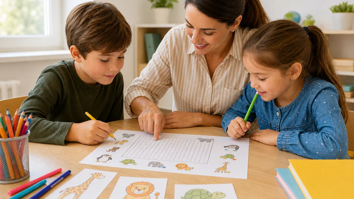 Madre y dos niños resolviendo una sopa de letras de animales sobre una mesa de estudio