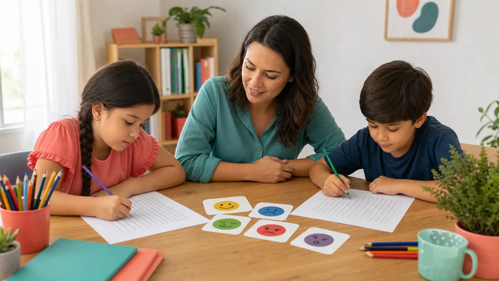 Adulto y dos niños resolviendo una sopa de letras de emociones en una mesa de estudio
