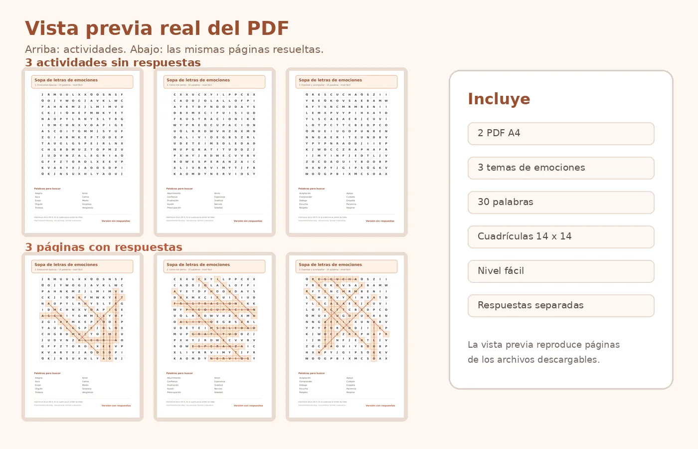 Vista previa real de las tres sopas de letras de emociones y sus tres páginas de respuestas