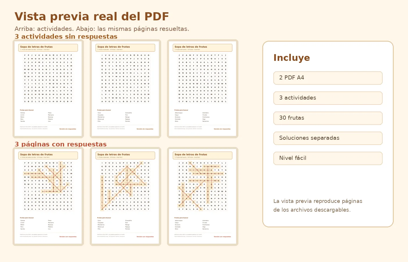 Vista previa real de las tres sopas de letras de frutas y sus tres páginas de respuestas