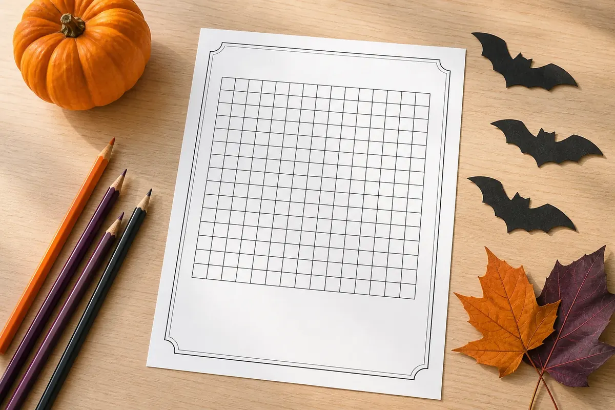 Mesa con una sopa de letras de Halloween imprimible, lápices de colores y una calabaza