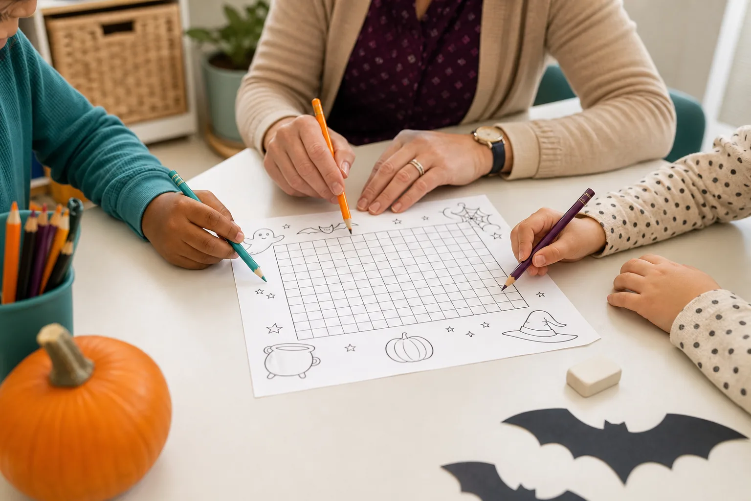 Docente y dos niños resolviendo una sopa de letras de Halloween en una mesa de clase