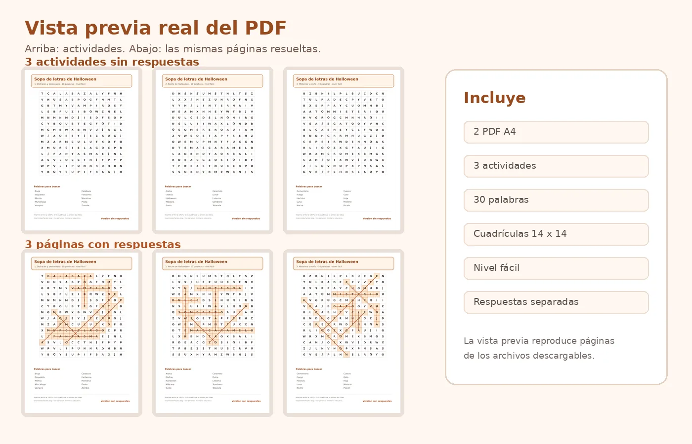 Vista previa real de las tres sopas de letras de Halloween y sus tres páginas de respuestas