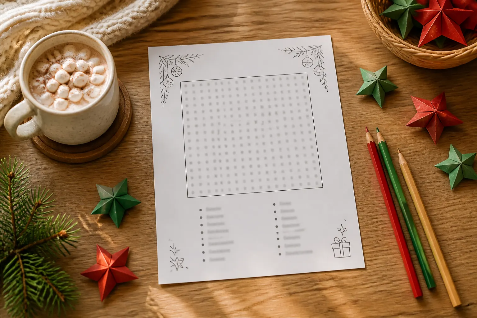 Mesa navideña con una sopa de letras imprimible, lápices de colores y estrellas de papel