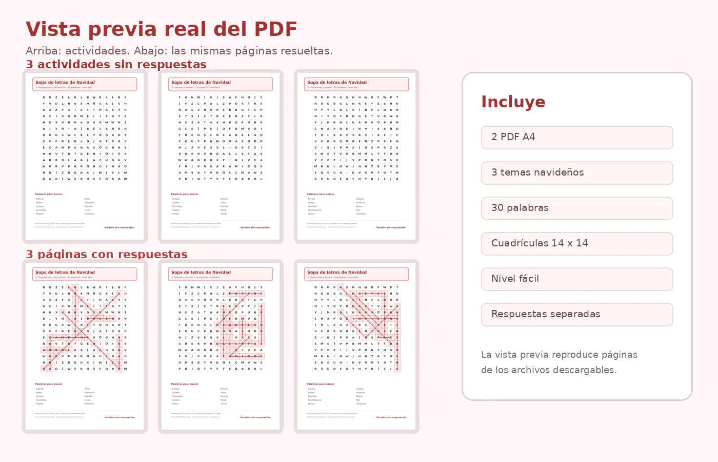 Vista previa real de las tres sopas de letras de Navidad y sus tres páginas de respuestas