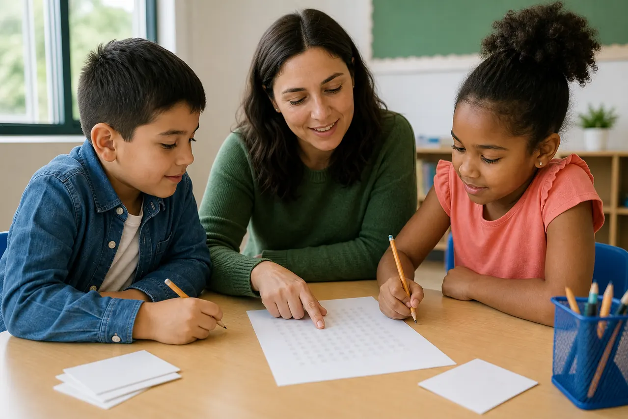 Docente y dos niños resolviendo una sopa de letras de valores en una mesa de clase