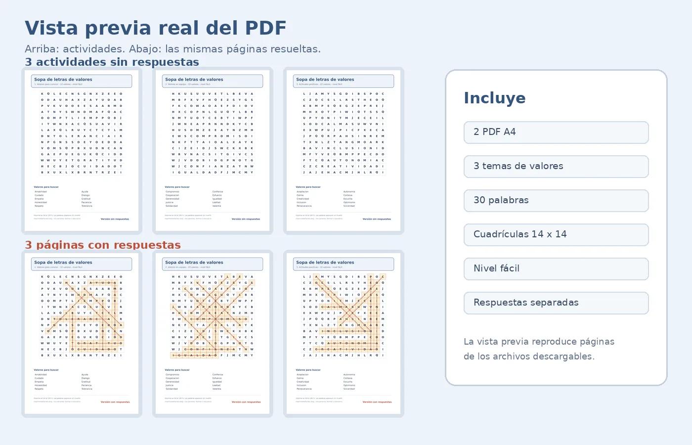 Vista previa real de las tres sopas de letras de valores y sus tres páginas de respuestas