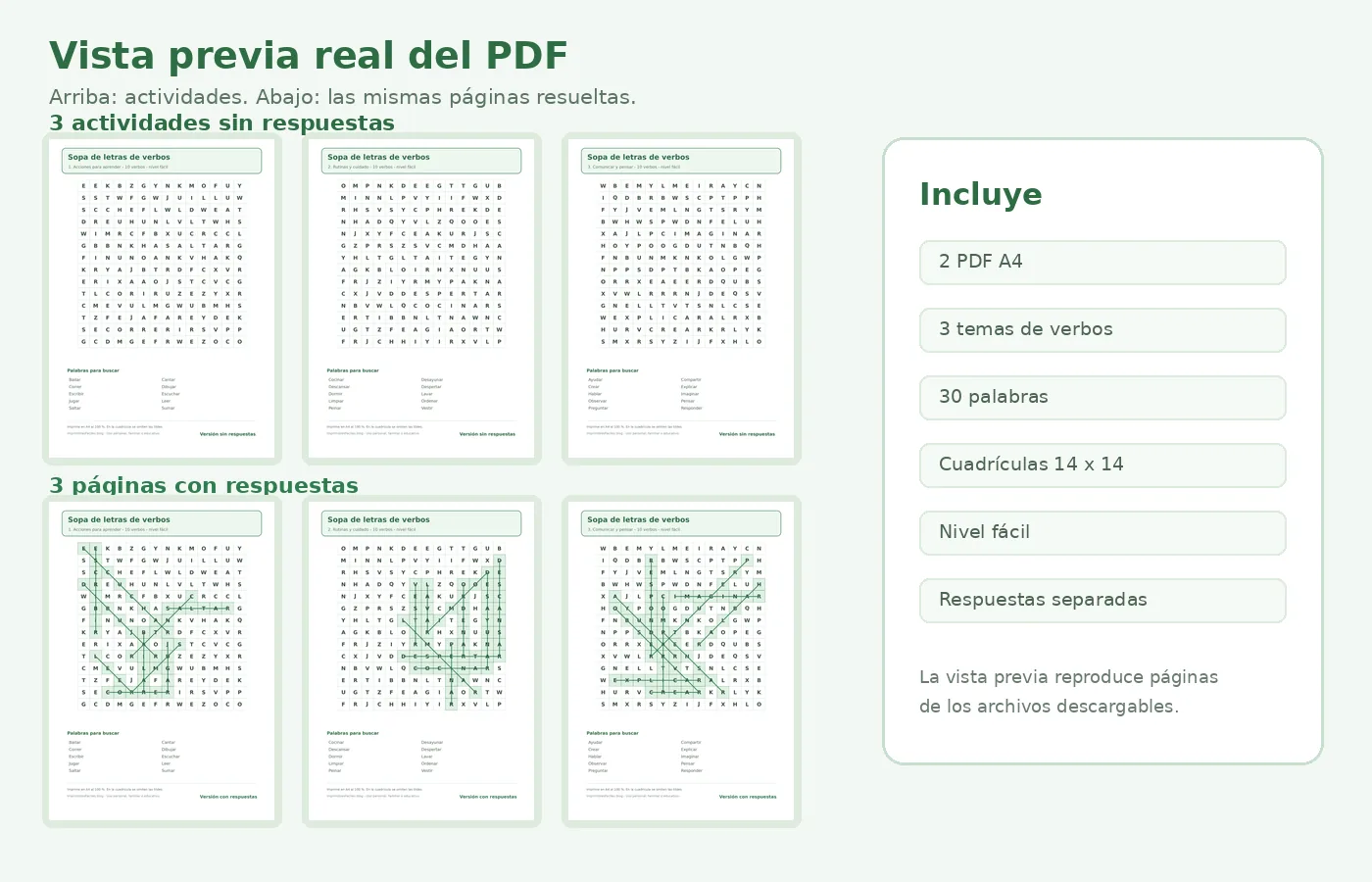 Vista previa real de las tres sopas de letras de verbos y sus tres páginas de respuestas