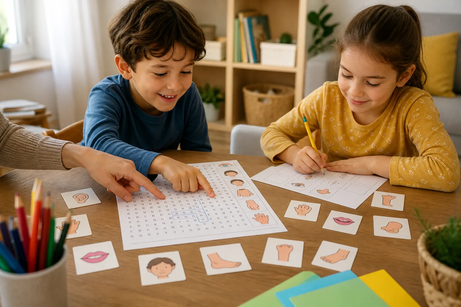 Dos niños y un adulto usando una sopa de letras de partes del cuerpo con tarjetas ilustradas