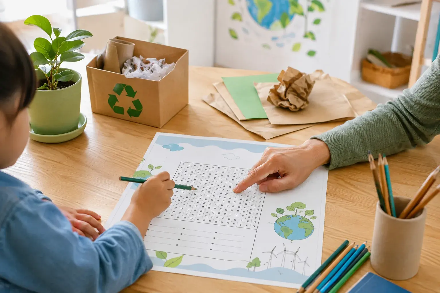 Niño y docente resolviendo una sopa de letras ambiental junto a materiales para reciclar