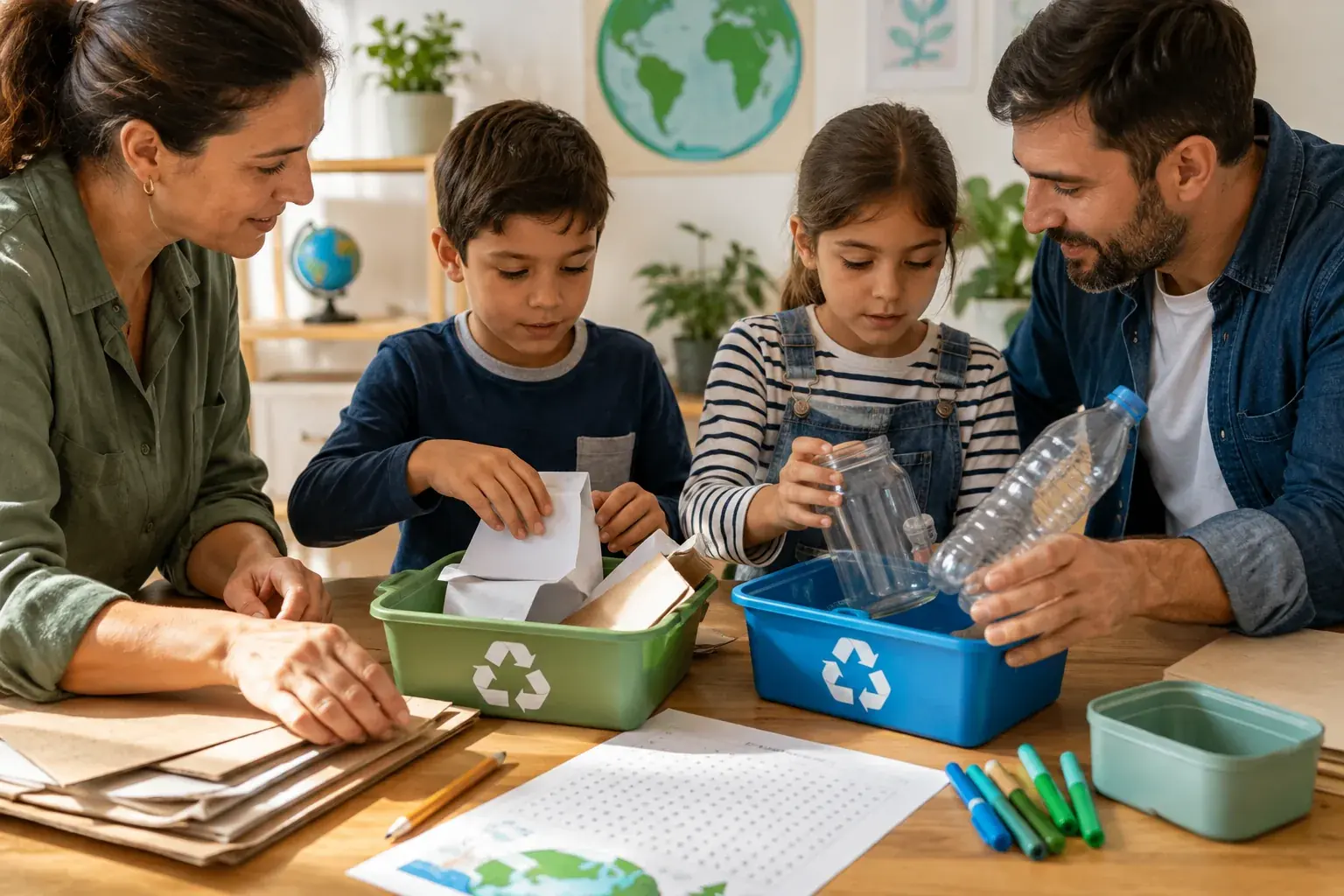 Familia clasificando papel, vidrio y plástico junto a una sopa de letras del medio ambiente