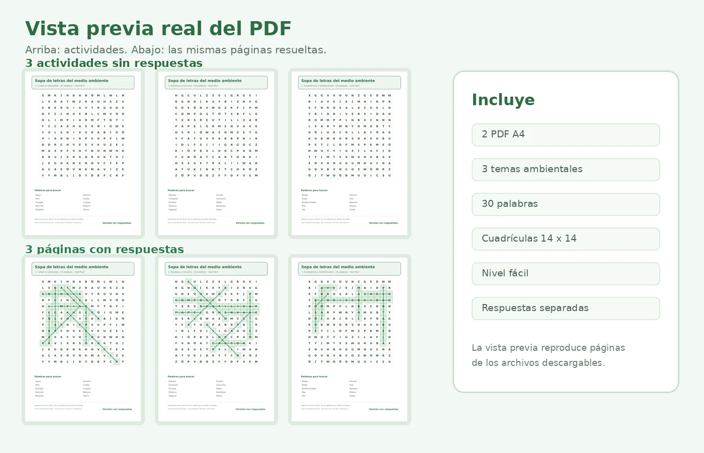 Vista previa real de las tres sopas de letras del medio ambiente y sus páginas de respuestas