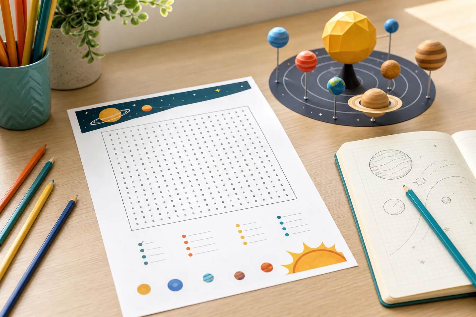 Mesa de estudio con una sopa de letras del sistema solar, lápices y un modelo de planetas