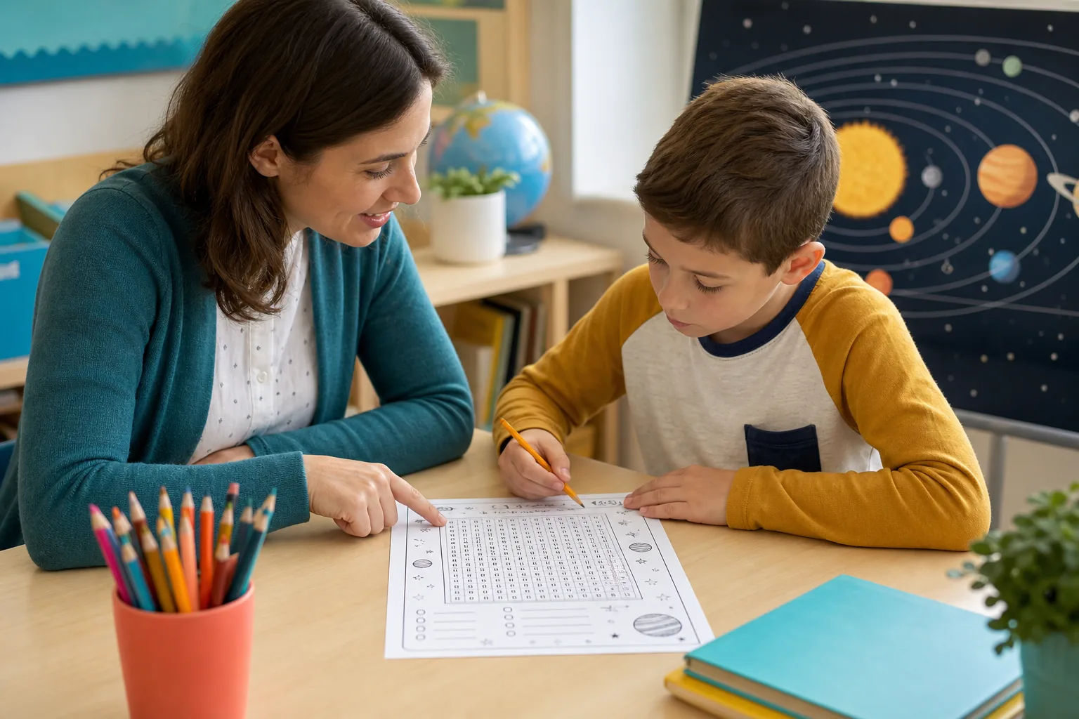 Docente y niño usando una sopa de letras del sistema solar junto a un mural de planetas
