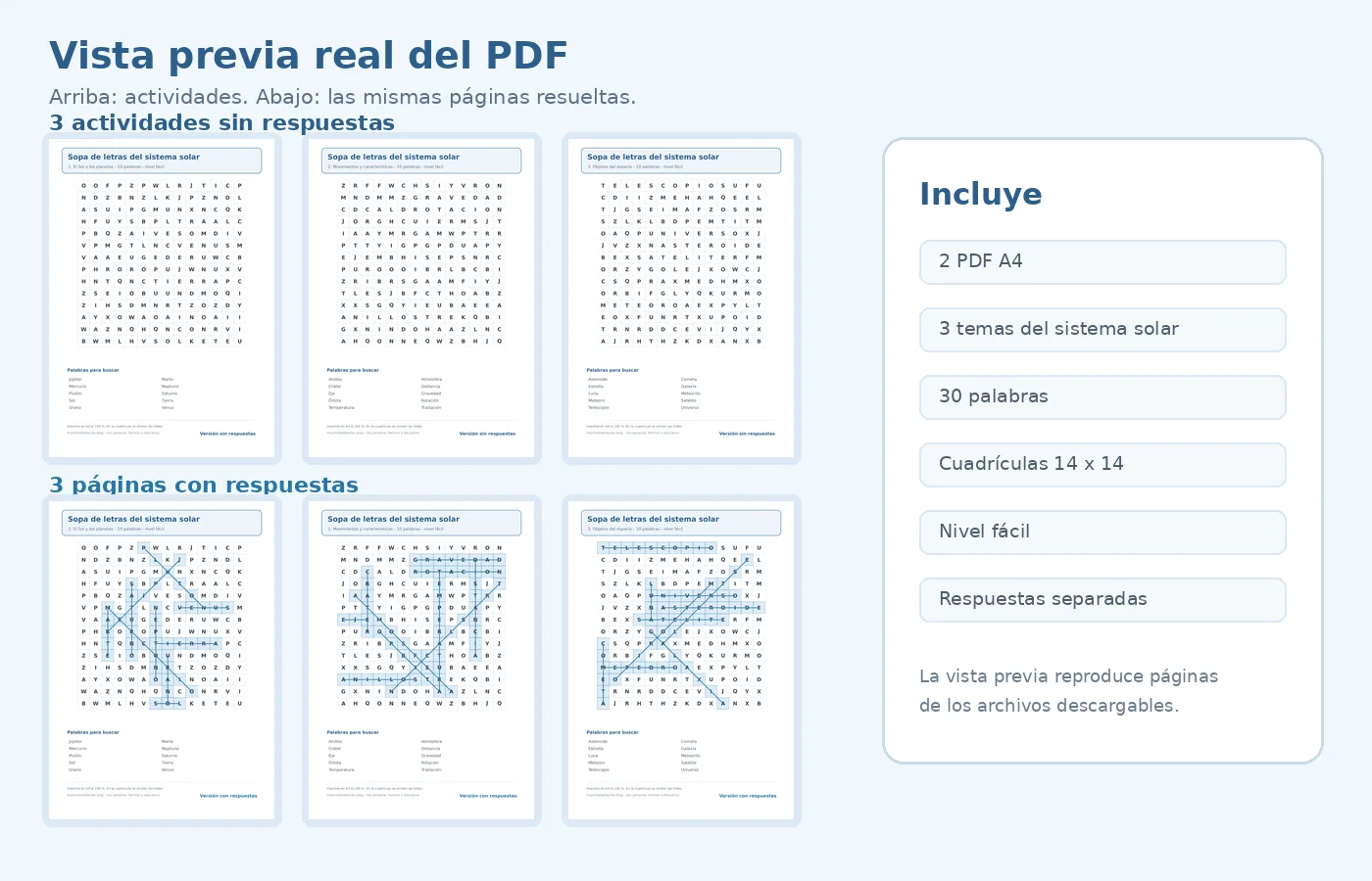 Vista previa real de las tres sopas de letras del sistema solar y sus tres páginas de respuestas